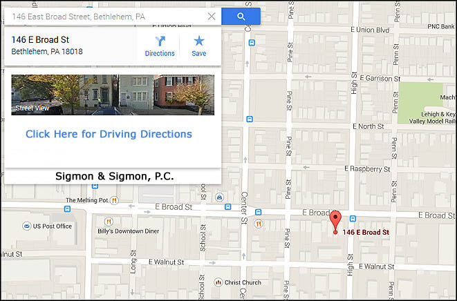 Google Map Driving Directions to Sigmon & Sigmon Law Office - Bethlehem, PA